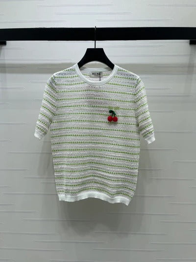 Miumiu 2026 Cherry-embroidered Knitted Shirt Tencel Nylon