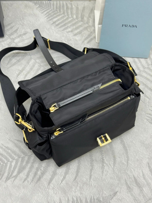 Prada 2026 Explore Shoulder Bag 30cm With Flap Black Re-Nylon