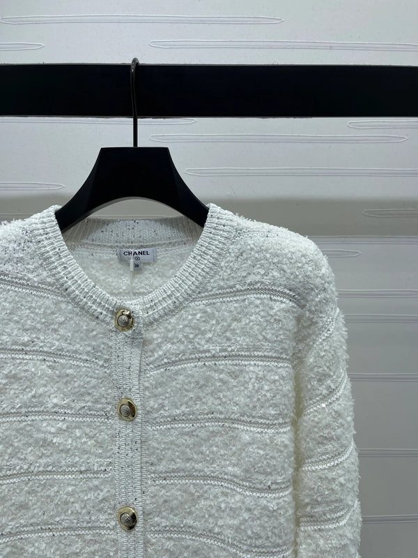 Chanel 2026 Striped Sequined Long-Sleeve Cardigan White Wool