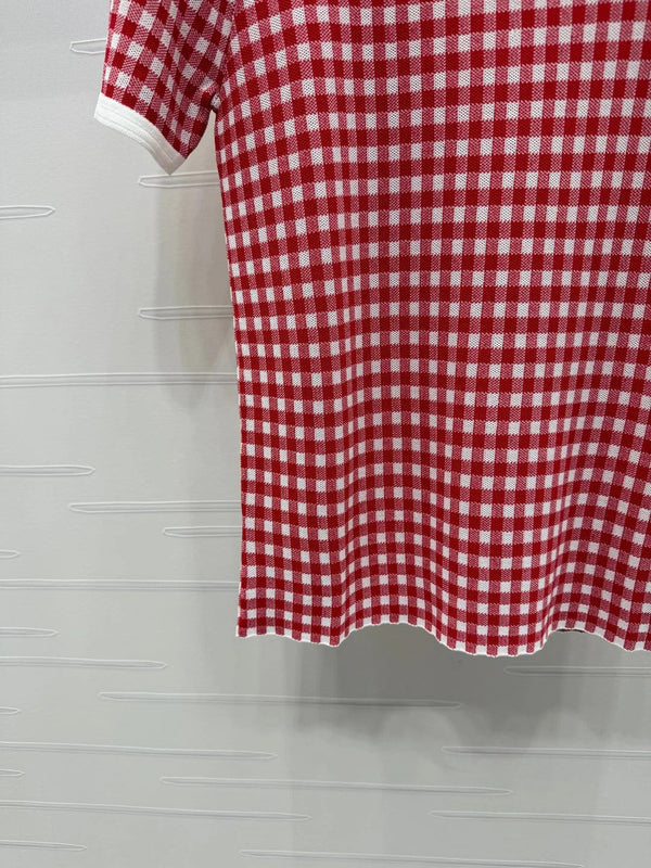 MIUMIU CREW NECK SHORT-SLEEVE PLAID KNIT TOP 274834