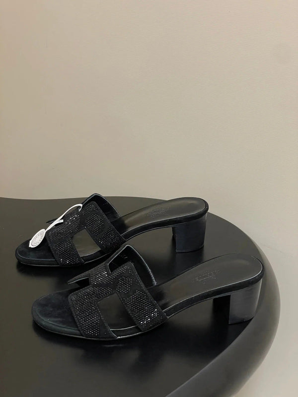 HM 25S ORAN HIGH‑HEEL SANDAL 50 MM IN BLACK LAMBSKIN WITH STONE DETAILS