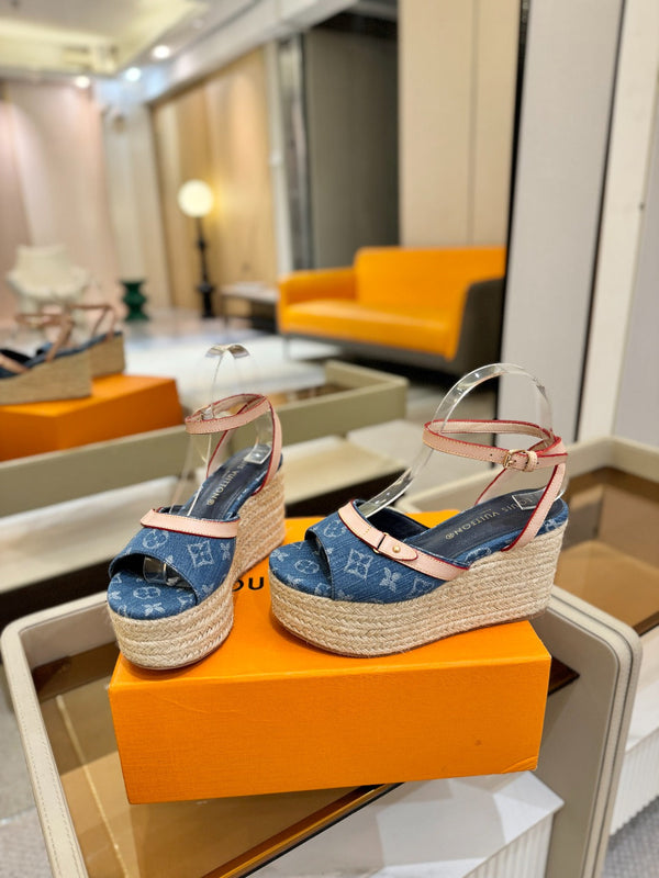LV Helios Wedge Sandals Blue Monogram Denim & Leather 888642