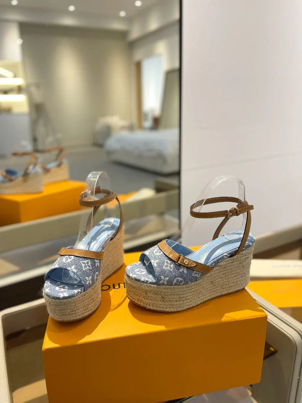 Louis Vuitton Helios Wedge Sandals Blue Canvas Cowhide 687329