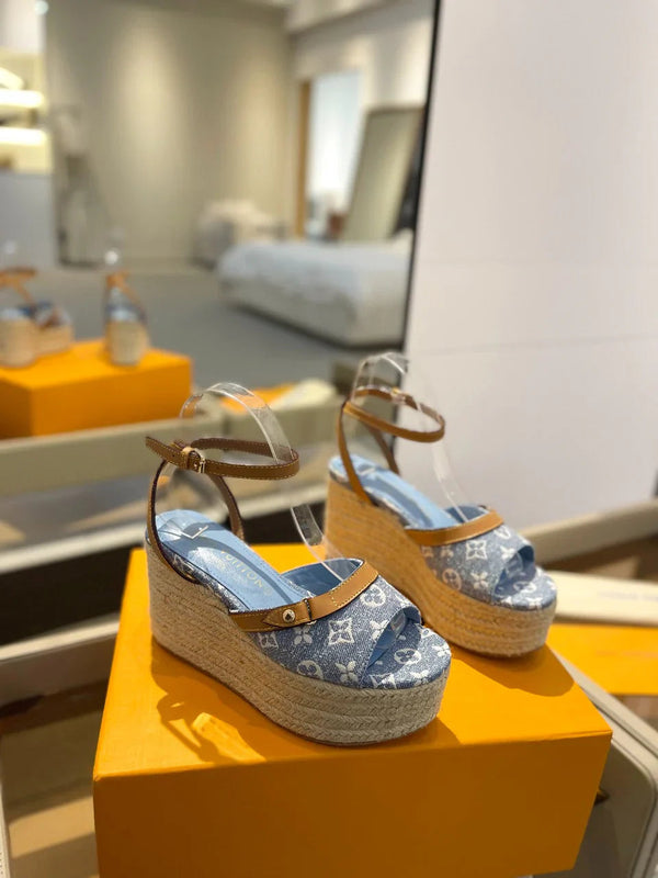 Louis Vuitton Helios Wedge Sandals Blue Canvas Cowhide 687329