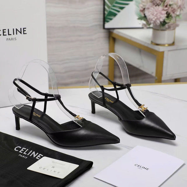 Cel 5Cm High Slingbacks in Black Gold Logo Calfskin
