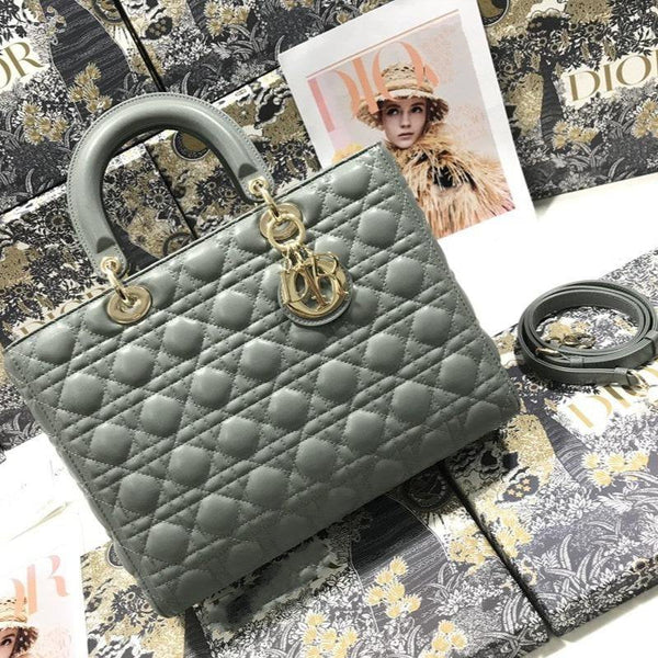 LARGE LADY BAG 32CM GRAY CANNAGE LAMBSKIN
