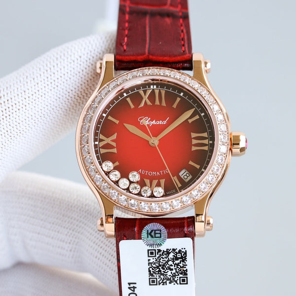 HAPPY SPORT 36MM ROSE GOLD DIAMOND BEZEL RED DIAL