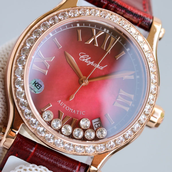 HAPPY SPORT 36MM ROSE GOLD DIAMOND BEZEL RED DIAL