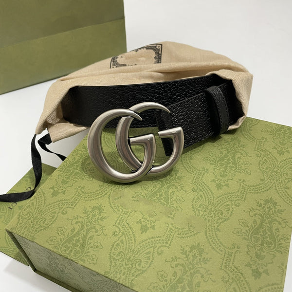 DOUBLE G SILVER BUCKLE 40MM BLACK LEATHER