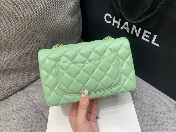 MINI RECTANGLE FLAP BAG 20CM LIME LAMBSKIN GOLD HARDWARE