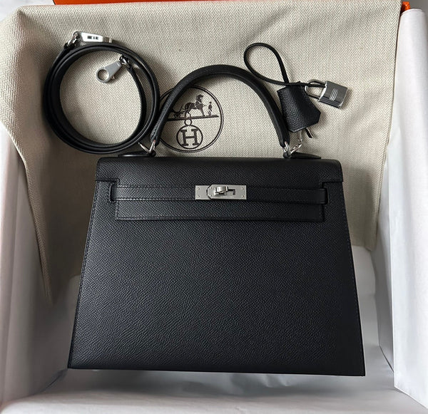 HM KELLY 25CM BLACK EPSOM SILVER HARDWARE