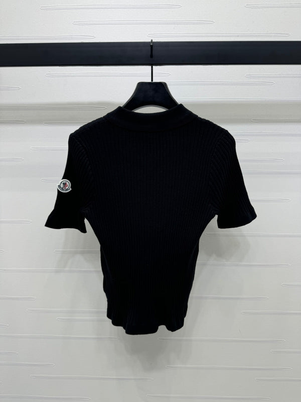 Moncle Beaded Lapel Knit Short-Sleeve Top Black Tencel Cotton 255893
