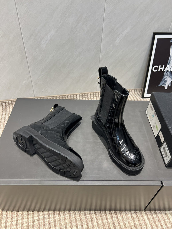 CC 25S Round-Toe Electric Embroidered Thick-Sole Ankle Boots in Black Glossy Cowhide and Embroidered Latticework 442494