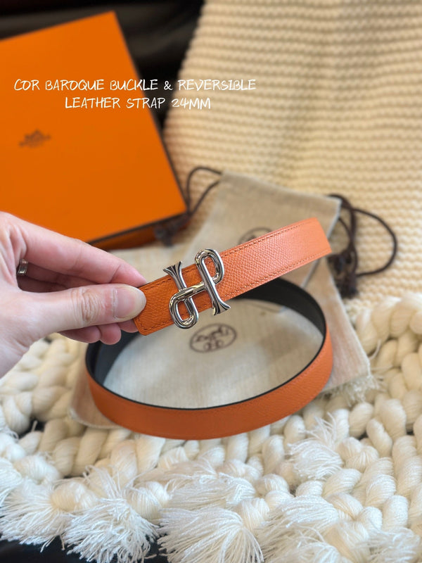 H COR BAROQUE BELT 24MM SILVER BUCKLE & REVERSIBLE ORANGE AND BLACK LEATHER