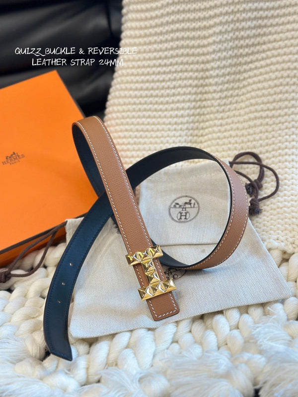 H QUIZZ PARTY BELT 24MM GOLD  BUCKLE & REVERSIBLE BROWN AND BLACK LEATHER
