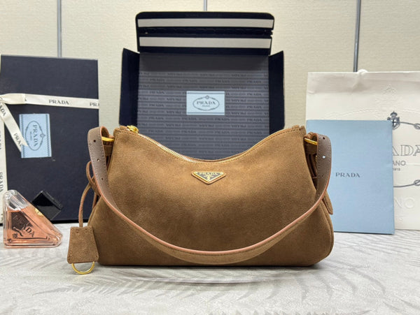 Pra 1BC229 Aimee Underarm Hobo Bag 31cm Brown Suede 267539