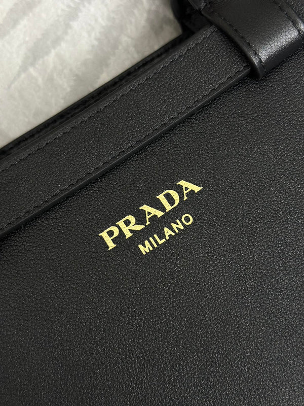 Pra 1BA418 Small Shopping Double Bag 28cm Black Cowhide 267523