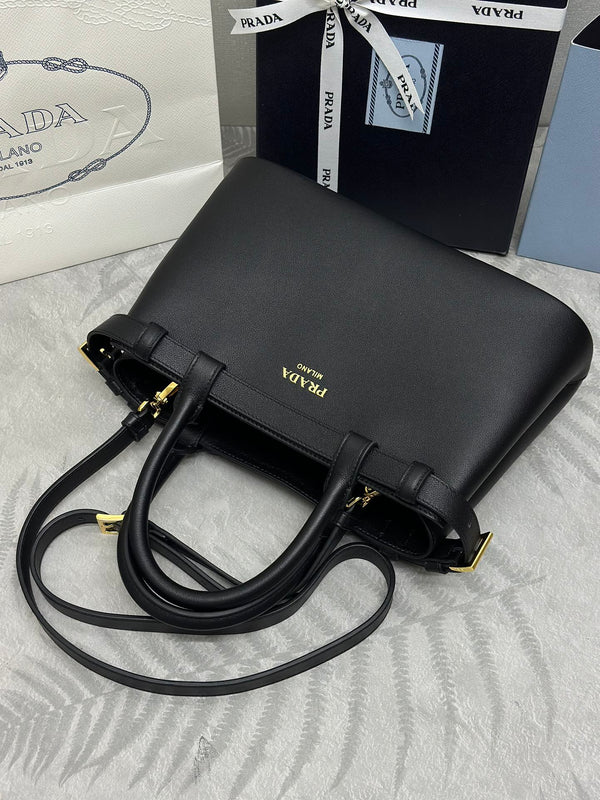 Pra 1BA418 Small Shopping Double Bag 28cm Black Cowhide 267523