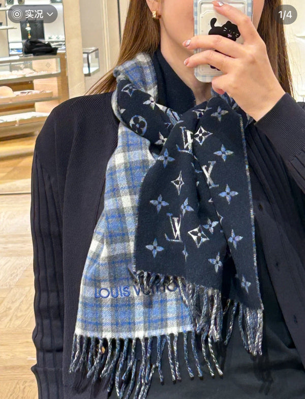 LV Double-Sided Plaid Scarf Black Wool Cashmere 839567