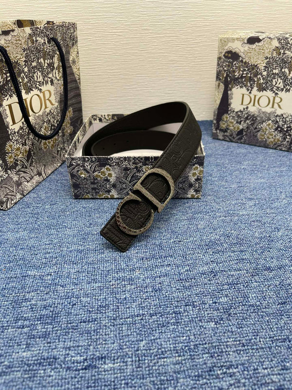 CD Belt 35mm Kumo Cannage Pattern Black Leather Bronze Buckle