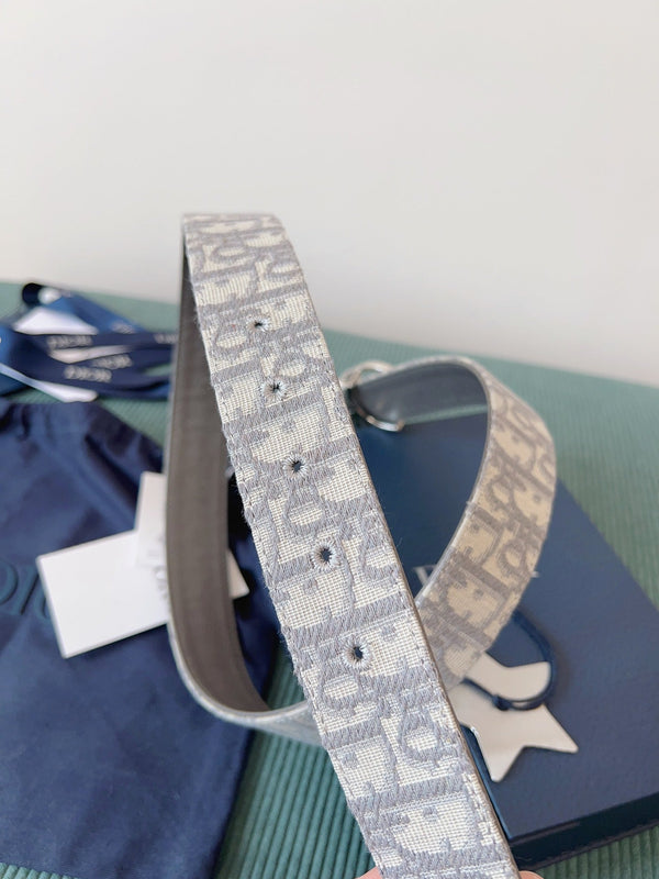 CD Belt 35mm Milkshake White Canvas Gray Calfskin Silver Buckle