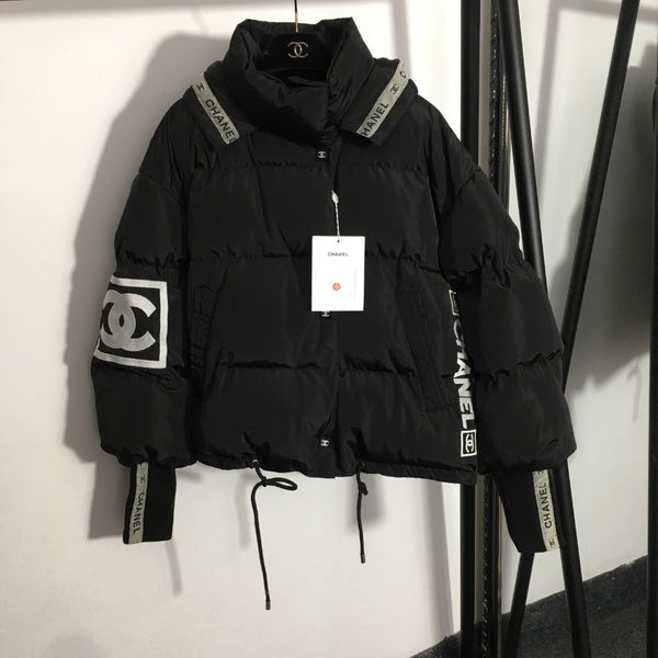 CC Logo Embroidered Letters Ribbon Stitching Long-Sleeved Hooded Cotton Jacket