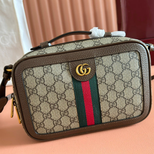 GG Ophidia Small Shoulder Bag 24cm Grey and Brown GG Supreme Canvas
