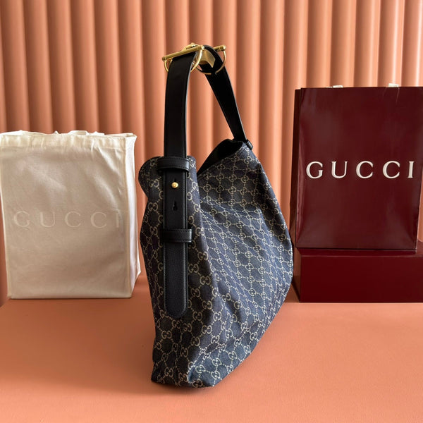 GG 25FW Beatrix Horsebit Handbag 40cm Blue Denim Canvas GHW