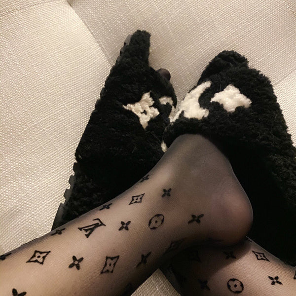 LV monogram logo flocked black pantyhose