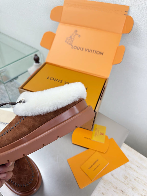 LV Lamb-lined Platform Slippers Dark Brown Lamb Wool Suede 566893