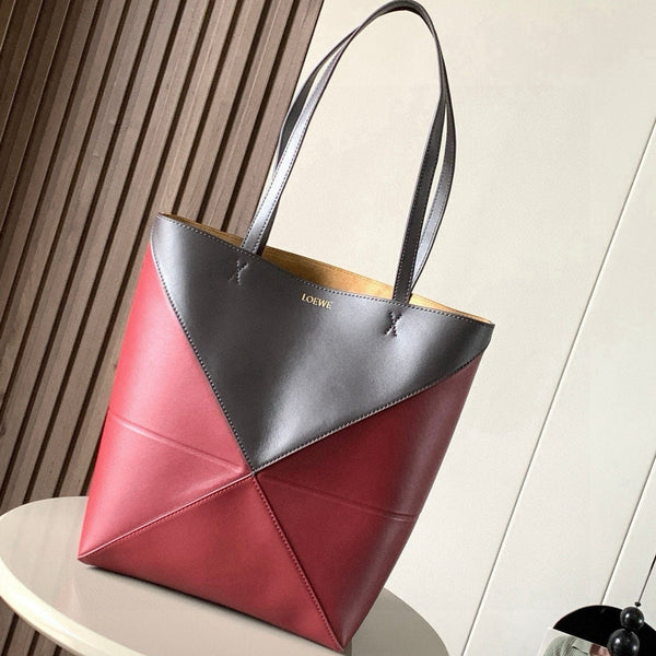 LOE 31 Medium Puzzle Fold Tote In Burgundy Mix Chocolate Glossy Cowhide 274321