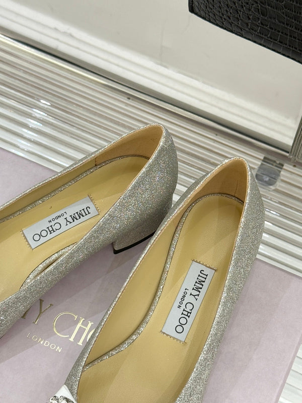 Jimmy Choo 26WF Pointed Toe Rhinestone Bow Chunky Heel Silver Sheepskin 573543