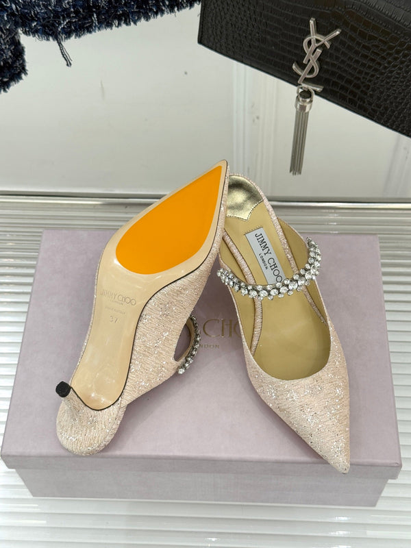 Jimmy Choo Classic Diamond Chain Point Toe High Heels Champagne Glitter Sheepskin 573548