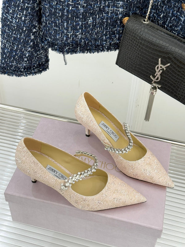 Jimmy Choo Classic Diamond Chain Point Toe High Heels Champagne Glitter Sheepskin 573546