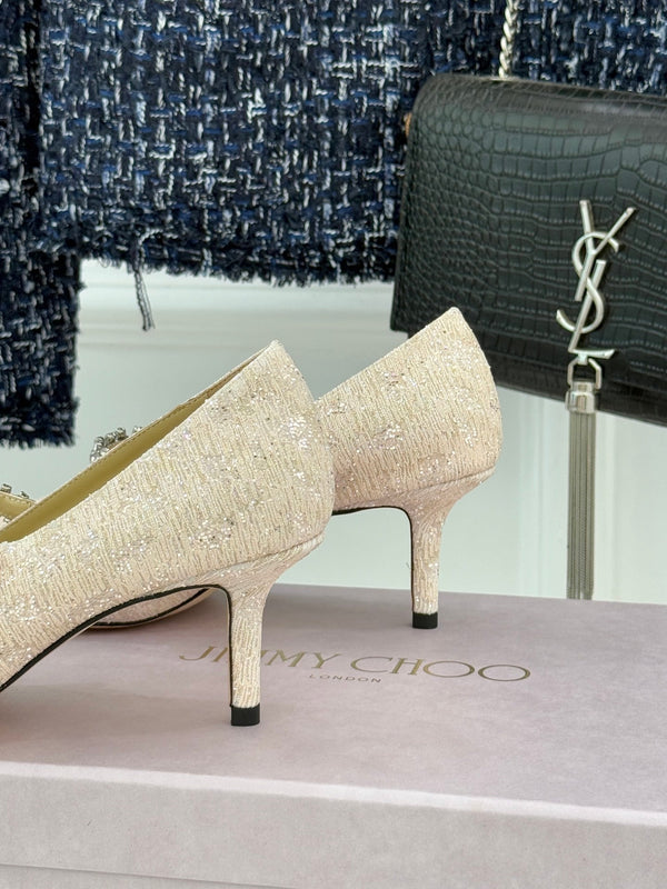Jimmy Choo Classic Diamond Chain Point Toe High Heels Champagne Glitter Sheepskin 573546