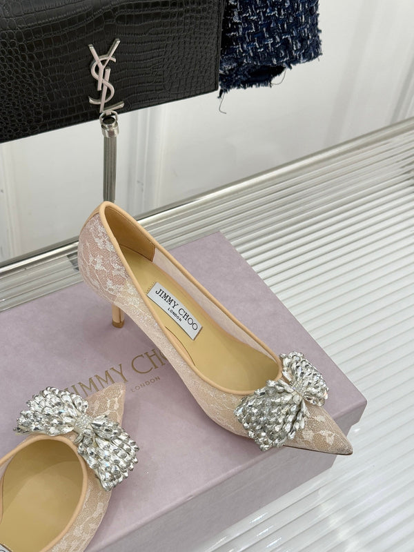 JC25WF Rhinestone Bow Pionted Toe High Heels 65 Nude Sheepskin 573536