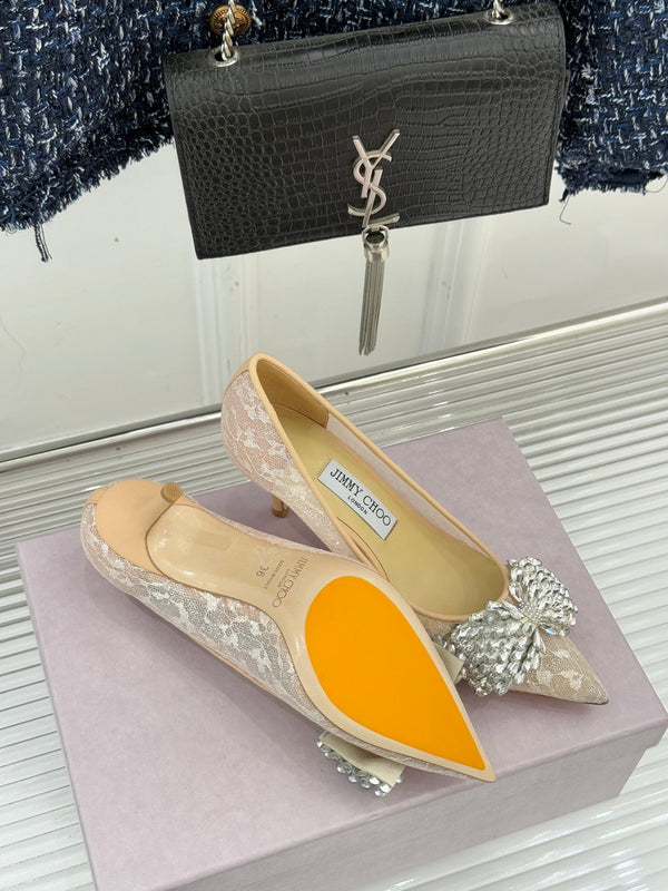 JC25WF Rhinestone Bow Pionted Toe High Heels 65 Nude Sheepskin 573536