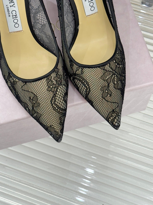 Jimmy Choo Classic Lace 65mm Pointed-Toe High Heels Black Sheepskin 573532