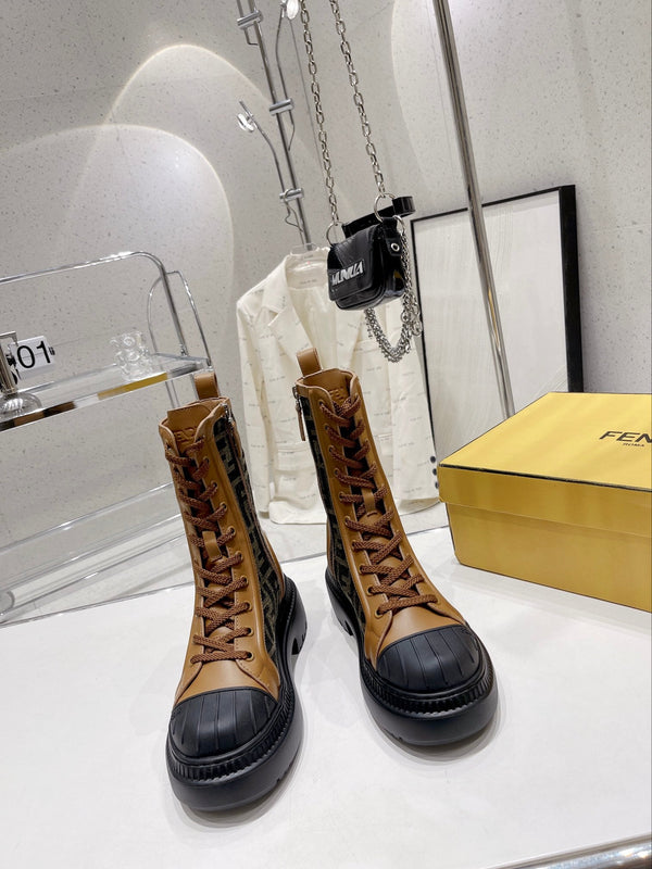 Fendi DOMINO New Monogram Lace-up Boots Brown in Sheepskin 576794