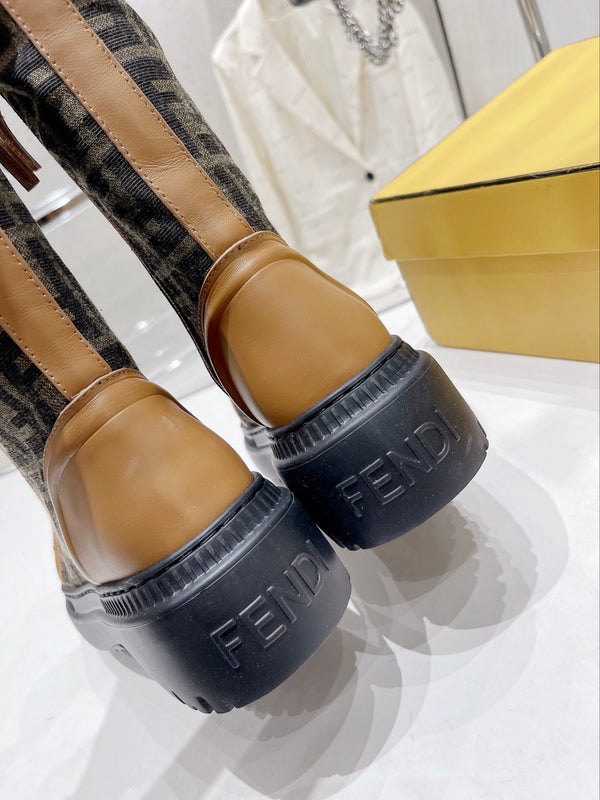 Fendi DOMINO New Monogram Lace-up Boots Brown in Sheepskin 576794