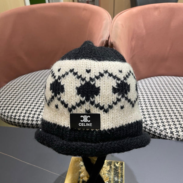 Celine 25 Fair Isle Black Knitted Tie-Wrap Wool Hat 980014