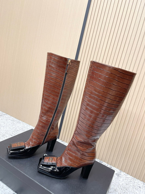 Chanel Croc-Embossed Square-Toe Dark Brown High Boots in Cowhide 591399