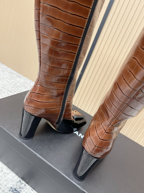 Chanel Croc-Embossed Square-Toe Dark Brown High Boots in Cowhide 591399