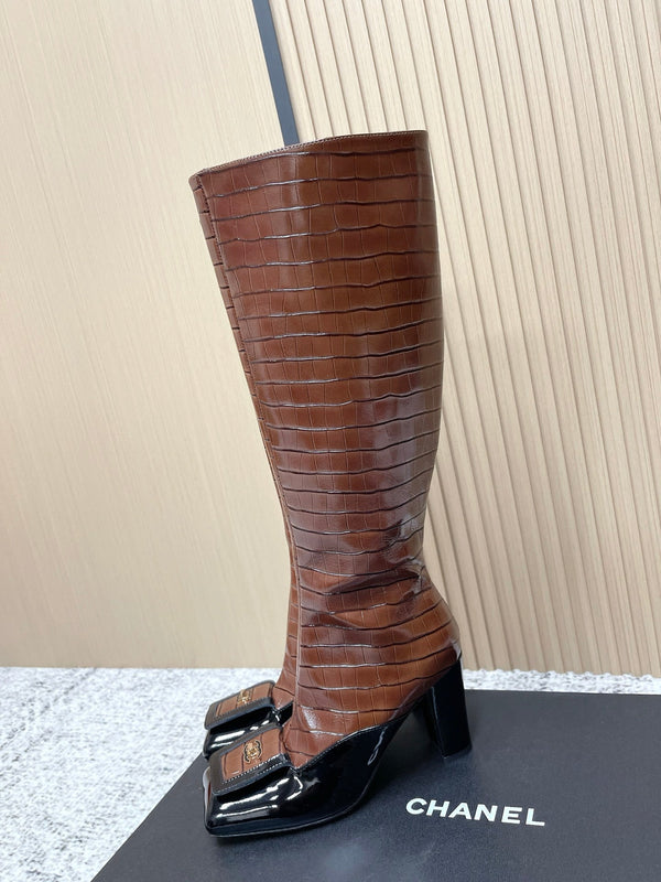 Chanel Croc-Embossed Square-Toe Dark Brown High Boots in Cowhide 591399