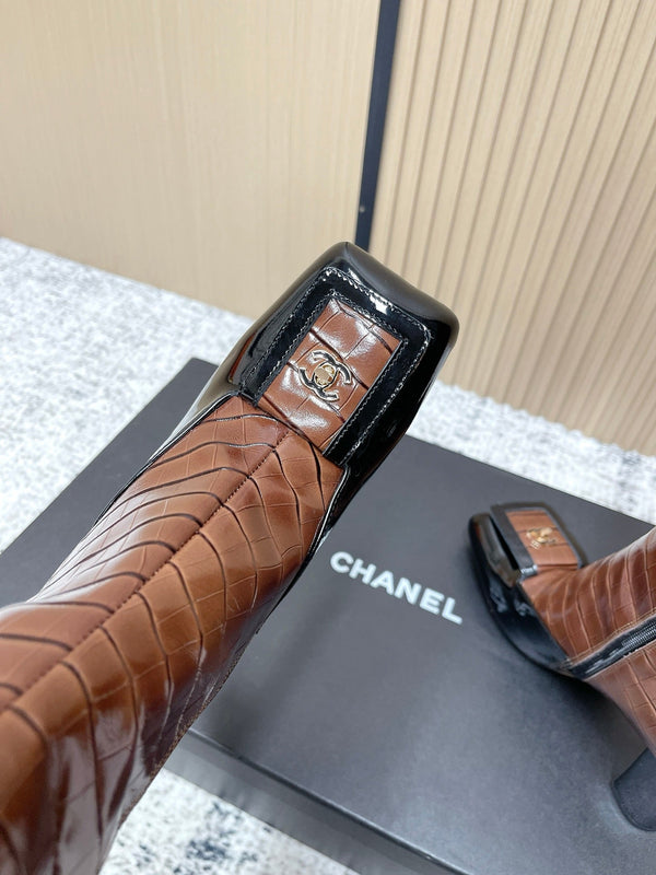 Chanel Croc-Embossed Square-Toe Dark Brown High Boots in Cowhide 591399