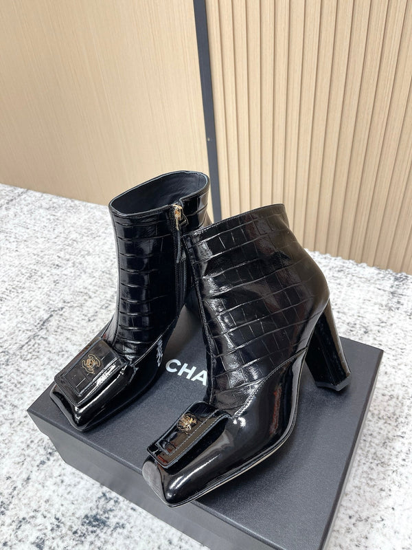 Chanel Croc-Embossed Square-Toe Black Ankle Boots in Cowhide 591400