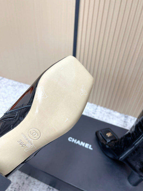 Chanel Croc-Embossed Square-Toe Black High Boots in Cowhide 591398