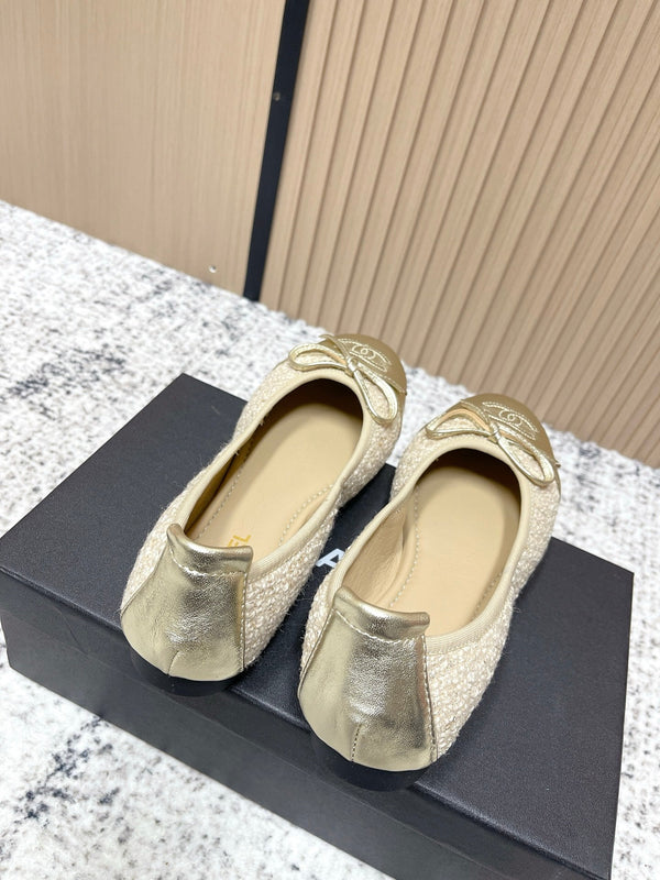 Chanel 26SS Ballet Flats Shoes Gold Metallic in Lambskin with Fabric 591396
