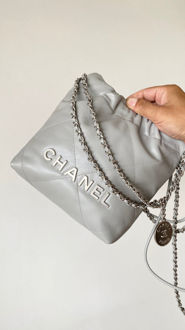 CC 23C Mini Hobo Bag 20cm Light Gray-Silver Lambskin SHW