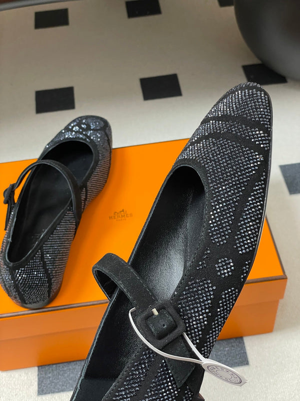 Hermes 26 Light Ballet Flat Metallic Black in Suede 594341